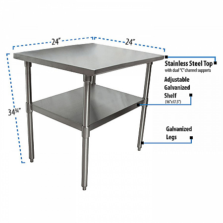 Stainless Steel Flat Top Work Tables, 24w x 24d x 36h, Silver, 2/Pallet (2VT2424)