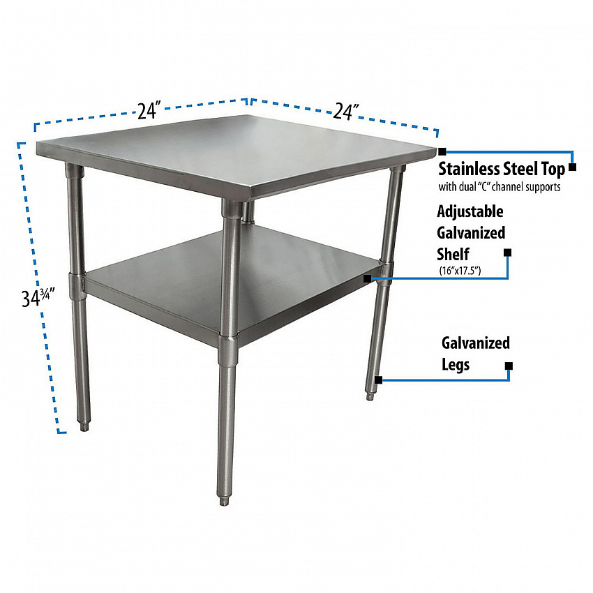Stainless Steel Flat Top Work Tables, 24w x 24d x 36h, Silver, 2/Pallet (2VT2424)