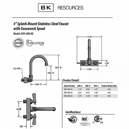 Evolution Splash Mount Stainless Steel Faucet, 12.38