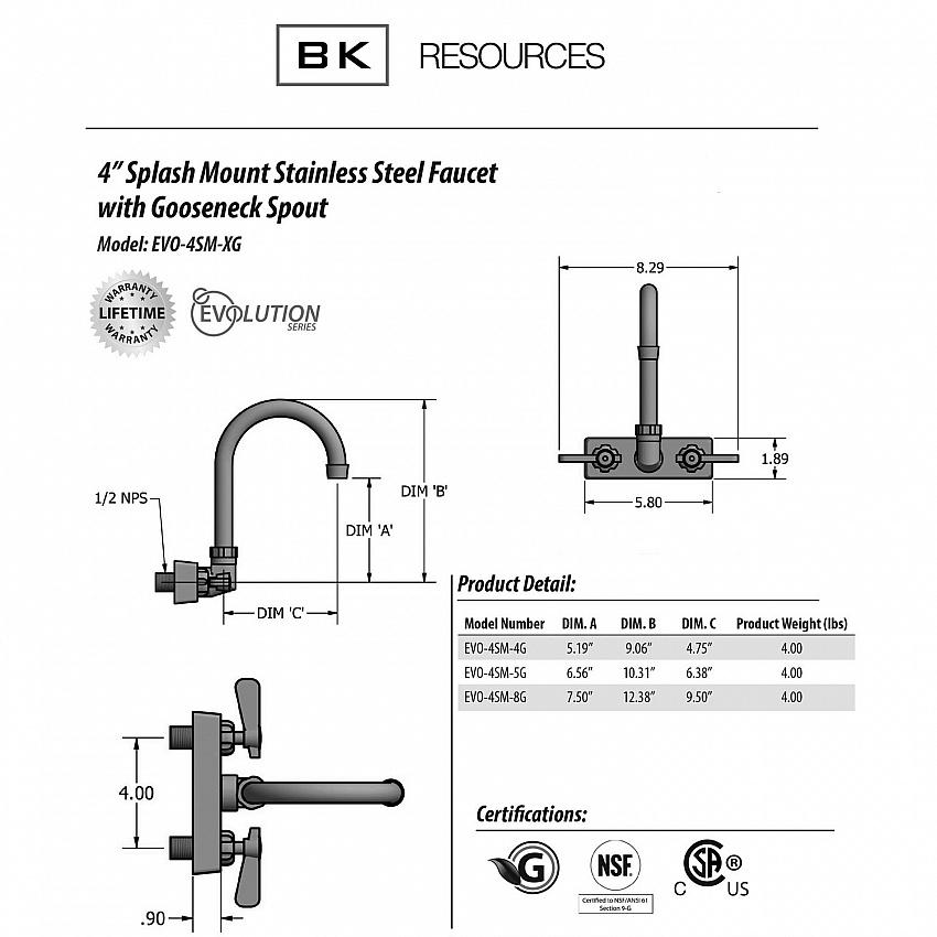 Evolution Splash Mount Stainless Steel Faucet, 12.38" Height/8" Reach, Stainless Steel (EVO4SM8G)