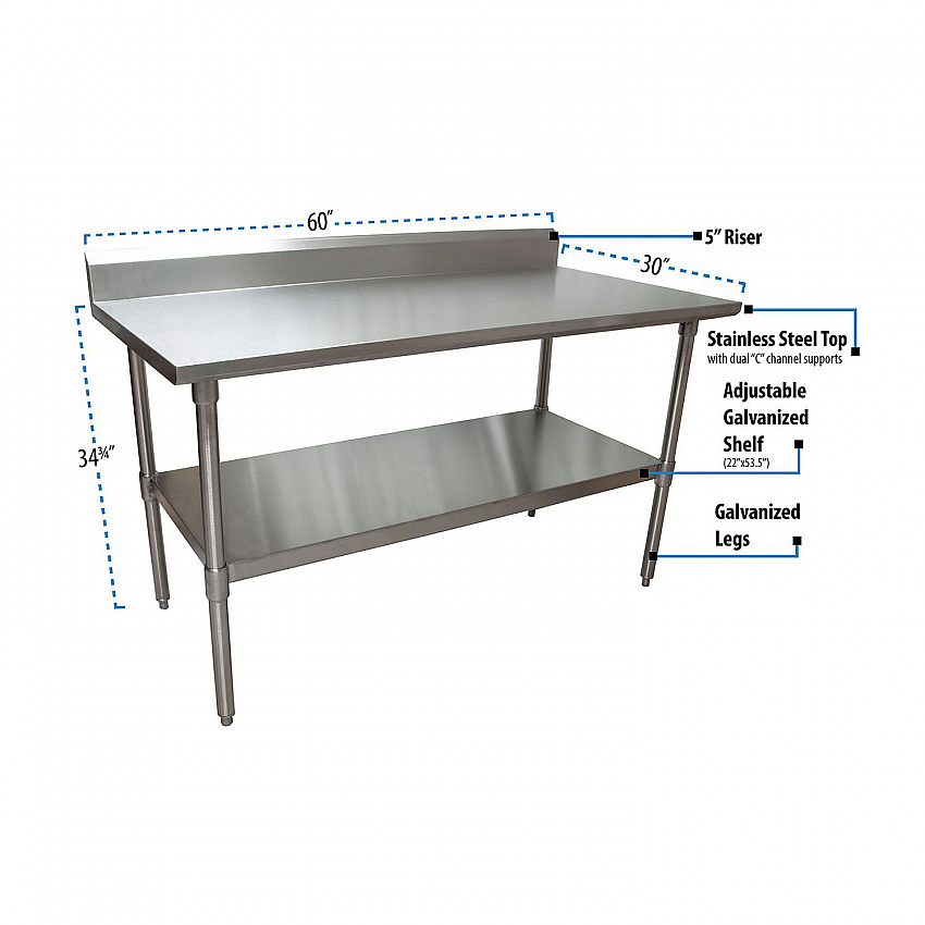 Stainless Steel 5" Riser Top Tables, 60w x 30d x 39.75h, Silver, 2/Pallet (2VTR56030)