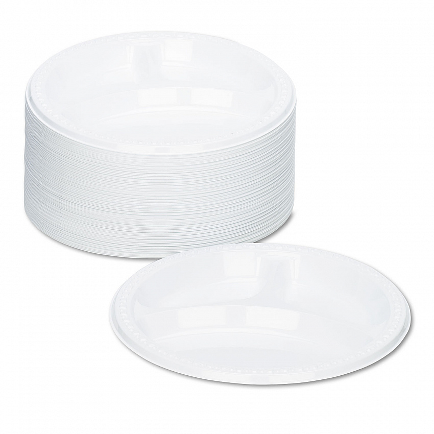 Plastic Dinnerware, 3-Compartment Plates, 9" dia, White, 125/Pack (19644WH)