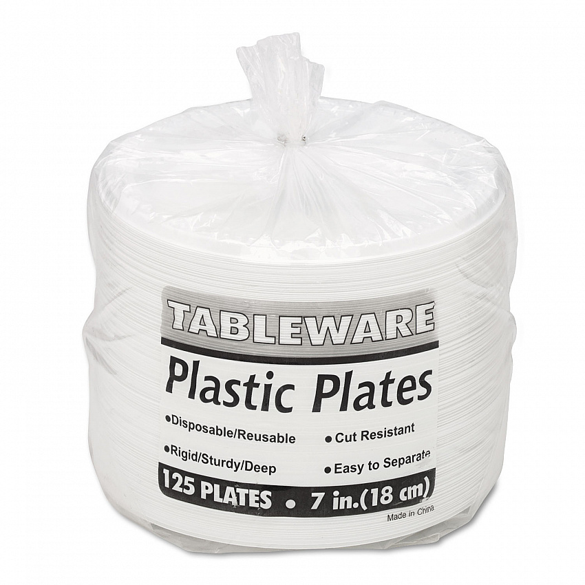 Plastic Dinnerware, Plates, 7" dia, White, 125/Pack (7644WH)
