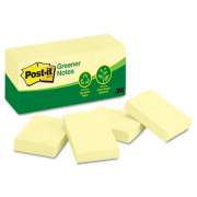 Post-it Greener Notes Recycled Note Pads, 1 1/2 x 2, Canary Yellow, 100-Sheet, 12/Pack (653RPYW)
