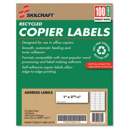 AbilityOne 7530010864518 SKILCRAFT Recycled Copier Labels, Copiers, 1 x 2.81, White, 33/Sheet, 100 Sheets/Box
