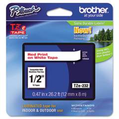Brother P-Touch TZe Standard Adhesive Laminated Labeling Tape, 0.47" x 26.2 ft, Red on White (TZE232)