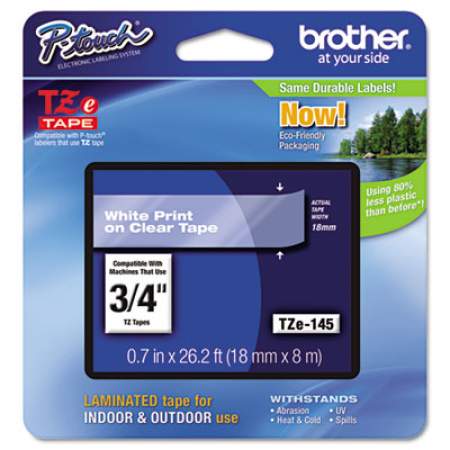 Brother P-Touch TZe Standard Adhesive Laminated Labeling Tape, 0.7" x 26.2 ft, White on Clear (TZE145)