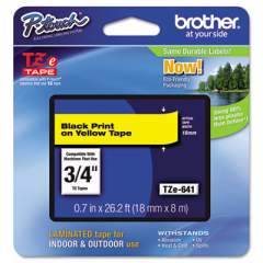 Brother P-Touch TZe Standard Adhesive Laminated Labeling Tape, 0.7" x 26.2 ft, Black on Yellow (TZE641)