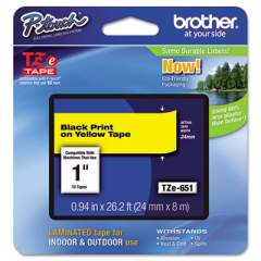 Brother P-Touch TZe Standard Adhesive Laminated Labeling Tape, 0.94" x 26.2 ft, Black on Yellow (TZE651)