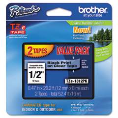 Brother P-Touch TZe Standard Adhesive Laminated Labeling Tapes, 0.47" x 26.2 ft, Black on Clear, 2/Pack (TZE1312PK)