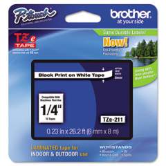 Brother P-Touch TZe Standard Adhesive Laminated Labeling Tape, 0.23" x 26.2 ft, Black on White (TZE211)