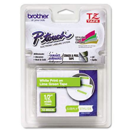 Brother P-Touch TZ Standard Adhesive Laminated Labeling Tape, 0.47" x 16.4 ft, White/Lime Green (TZEMQG35)