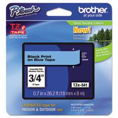 Brother P-Touch TZe Standard Adhesive Laminated Labeling Tape, 0.7" x 26.2 ft, Black on Blue (TZE541)
