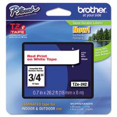 Brother P-Touch TZe Standard Adhesive Laminated Labeling Tape, 0.7" x 26.2 ft, Red on White (TZE242)