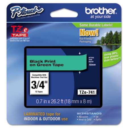 Brother P-Touch TZe Standard Adhesive Laminated Labeling Tape, 0.7" x 26.2 ft, Black on Green (TZE741)