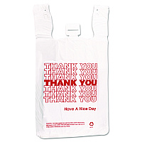 HDPE T-Shirt Bags, Thank You - Have a Nice Day Labeling, Cut-Out Handles, 12" x 7" x 23", White/Red, 500/Carton (THW2VAL)