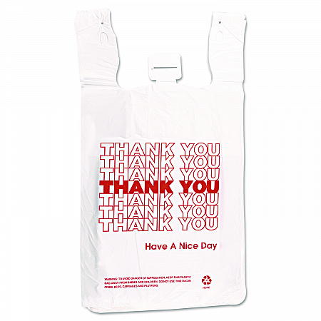 HDPE T-Shirt Bags, Thank You - Have a Nice Day Labeling, Cut-Out Handles, 12