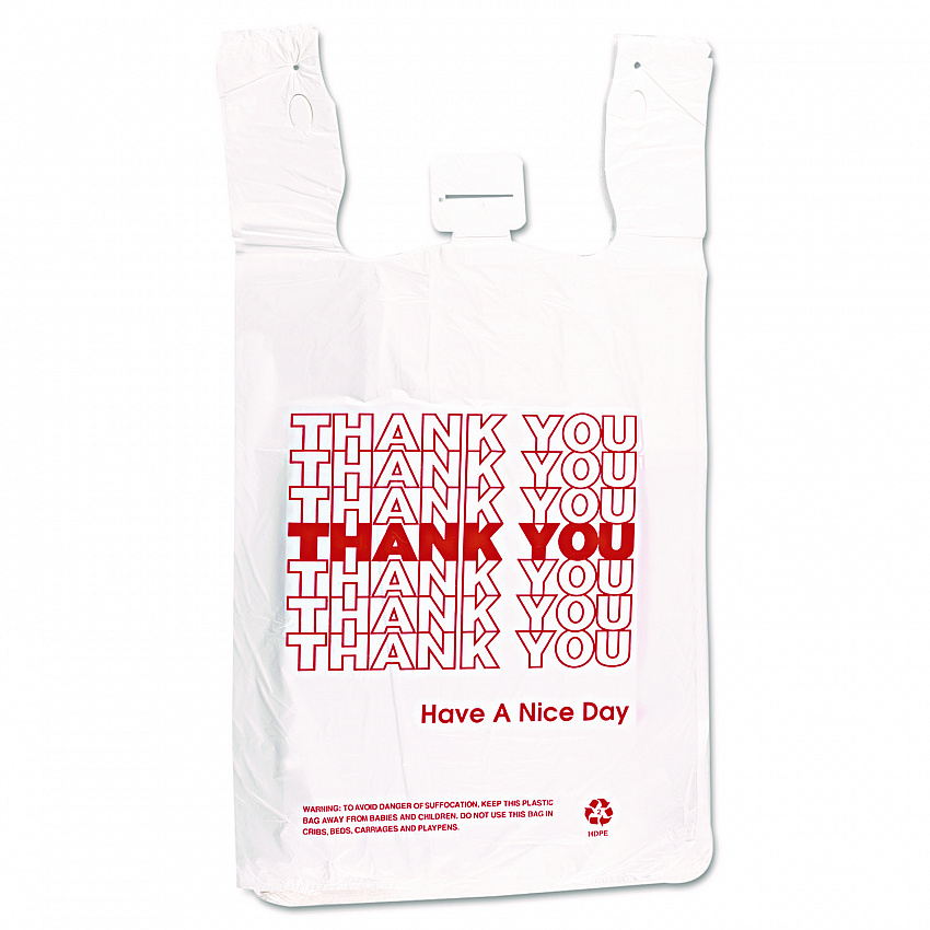 HDPE T-Shirt Bags, Thank You - Have a Nice Day Labeling, Cut-Out Handles, 12" x 7" x 23", White/Red, 500/Carton (THW2VAL)