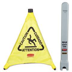 Rubbermaid Commercial Multilingual Pop-Up Safety Cone, 3-Sided, Fabric, 21 x 21 x 20, Yellow (9S00YEL)
