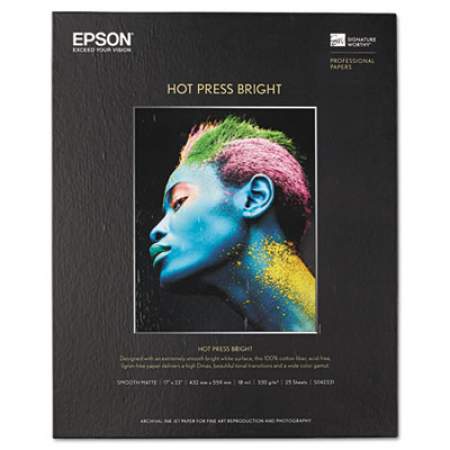 Epson Hot Press Bright Fine Art Paper, 17 mil, 17 x 22, Smooth Matte White, 25/Pack (S042331)