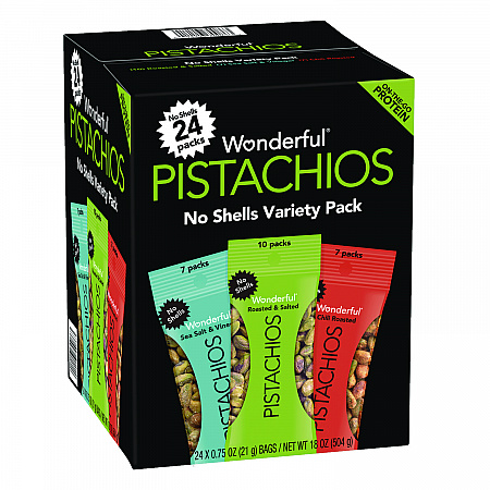 No Shells Roasted and Salted Pistachios Variety Pack, Assorted Flavors, 0.75 oz Bag, 24/Carton (PAR70086)