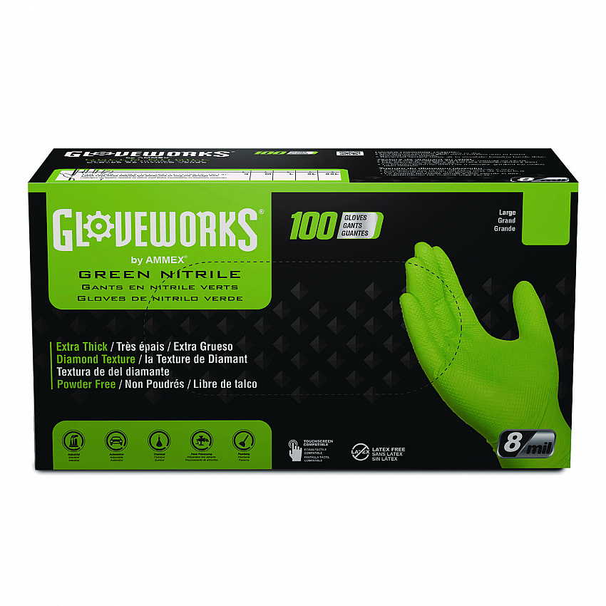 Heavy-Duty Industrial Nitrile Gloves, Powder-Free, Medium, 8 mil Thick, 9.5" Long, Green, 100/Box, 10 Boxes/Carton (GWGN44100CT)