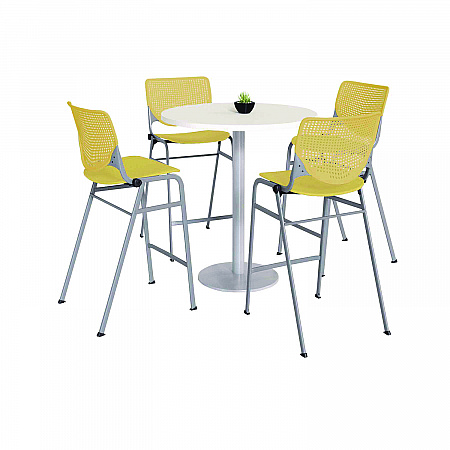 Pedestal Bistro Table with Four Yellow Kool Series Barstools, Round, 36