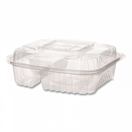 Renewable and Compostable Clear Clamshell Hinged Food Containers, 3 Compartments, 8 x 8 x 3, Plastic, 80/Pack, 2 Packs/Carton (EPLC83)
