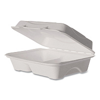Vanguard Renewable and Compostable Sugarcane Clamshells, 3 Compartments, 9 x 6 x 3, White, 250/Carton (EPB002NFA)