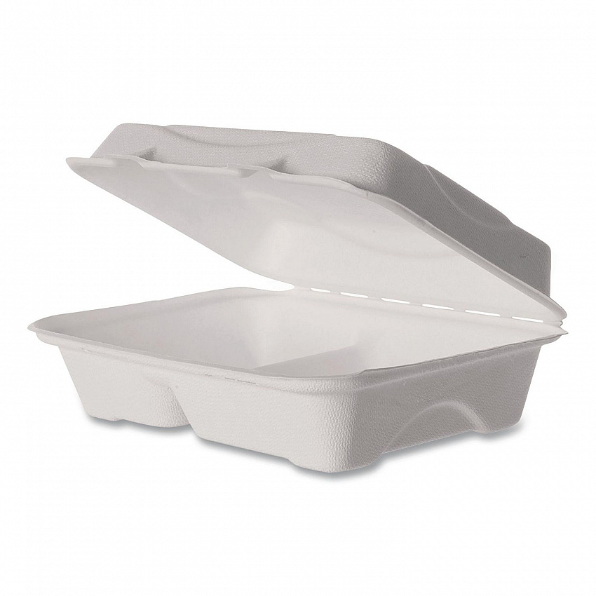 Vanguard Renewable and Compostable Sugarcane Clamshells, 3 Compartments, 9 x 6 x 3, White, 250/Carton (EPB002NFA)