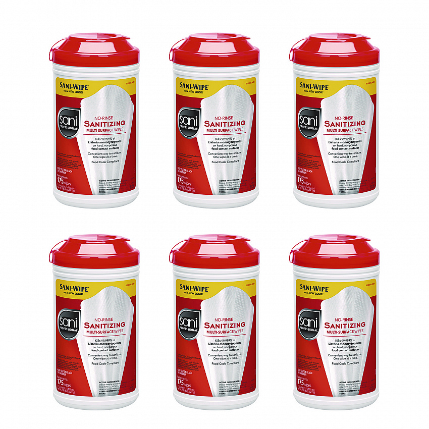 No-Rinse Sanitizing Multi-Surface Wipes, Unscented, White, 175/Container, 6/Carton (P66784)