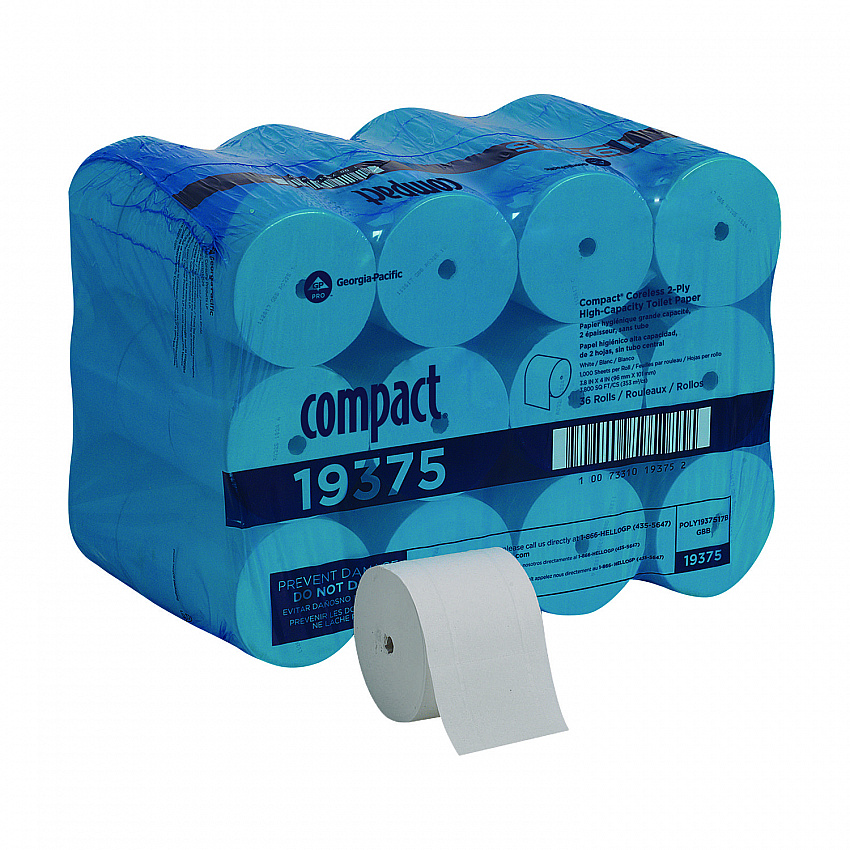 Compact Coreless Bath Tissue, Septic Safe, 2-Ply, White, 1,000 Sheets/Roll, 36 Rolls/Carton (19375)