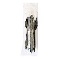 Six-Piece Cutlery Kit, Mediumweight, Fork/Knife/Napkin/Pepper/Salt/Spoon, 5.86", Plastic, Black, 250/Carton (COMBO6KIT)