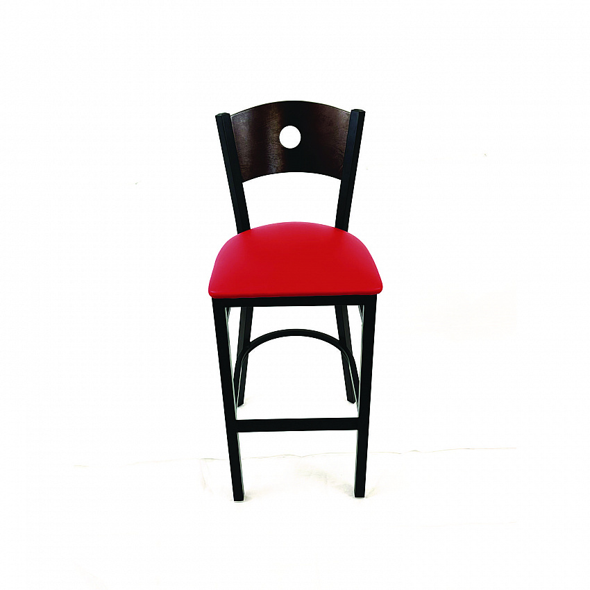 Circle Series Barstool, Supports Up to 300 lb, 28.5" Seat Height, Red Seat, Dark Walnut Back, Black Base (CRBBVREDC)