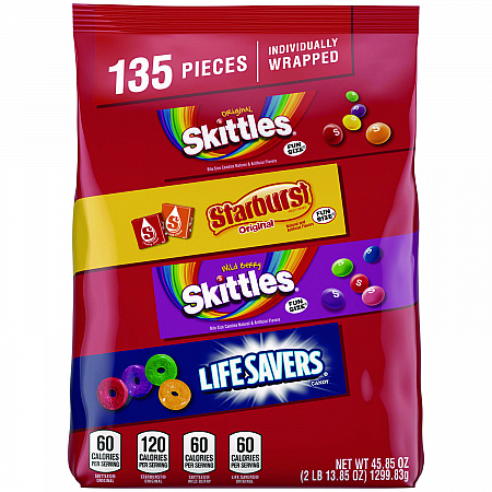 Skittles, Starburst and Life Savers Fun Size Fruity Candy Assortment, 45.85 oz Bag, 135 Pieces, Individually Wrapped (29689)