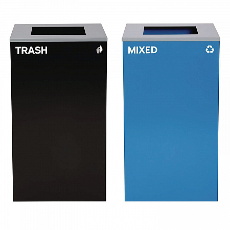 29 Gallon Trash/Recycling Cans, Steel, Blue Mixed Recycling Can with Square Lid, Black Trash Can with Square Lid (4450BLKKIT2)