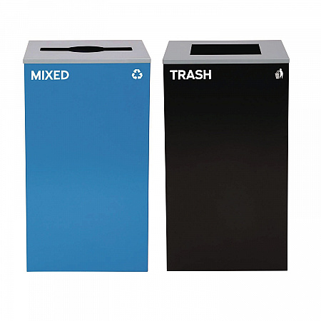 29 Gallon Trash/Recycling Cans, Steel, Blue Mixed Recycling with Mixed Lid, Black Trash Can with Square Lid (4450BLKKIT3)