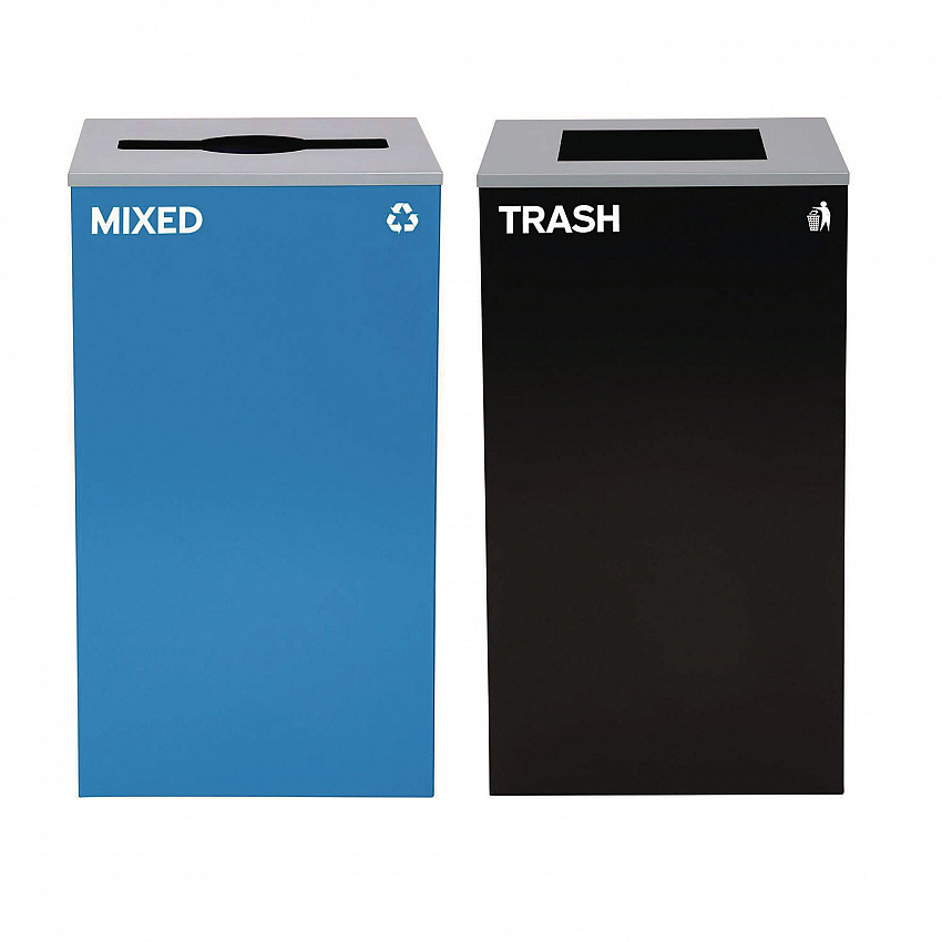 29 Gallon Trash/Recycling Cans, Steel, Blue Mixed Recycling with Mixed Lid, Black Trash Can with Square Lid (4450BLKKIT3)