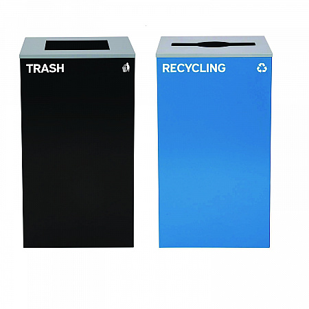 29 Gallon Trash/Recycling Cans, Steel, Blue Recycling with Mixed Lid, Black Trash Can with Square Lid (4450BLKKIT4)