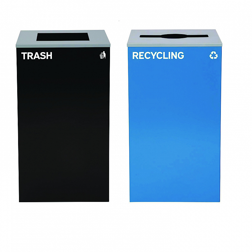 29 Gallon Trash/Recycling Cans, Steel, Blue Recycling with Mixed Lid, Black Trash Can with Square Lid (4450BLKKIT4)