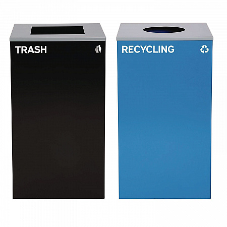 29 Gallon Trash/Recycling Cans, Steel, Blue Recycling with Circle Lid, Black Trash Can with Square Lid (4450BLKKIT6)