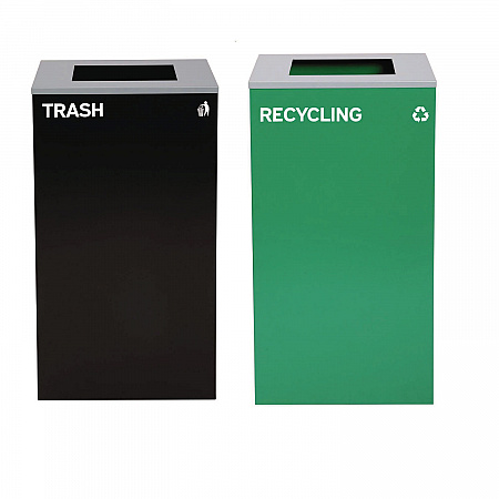 29 Gallon Trash/Recycling Cans, Steel, Green Recycling Can with Square Lid, Black Trash Can with Square Lid (4450BLKKIT8)