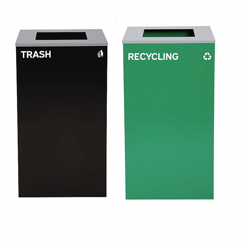 29 Gallon Trash/Recycling Cans, Steel, Green Recycling Can with Square Lid, Black Trash Can with Square Lid (4450BLKKIT8)