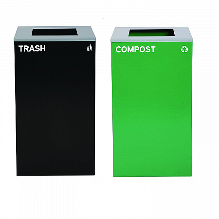 29 Gallon Trash/Recycling Cans, Steel, Green Compost Can with Square Lid, Black Trash Can with Square Lid (4450BLKKIT9)