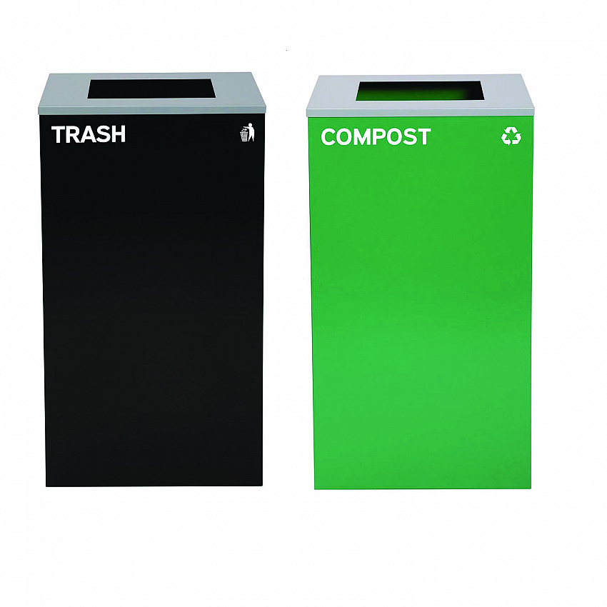 29 Gallon Trash/Recycling Cans, Steel, Green Compost Can with Square Lid, Black Trash Can with Square Lid (4450BLKKIT9)