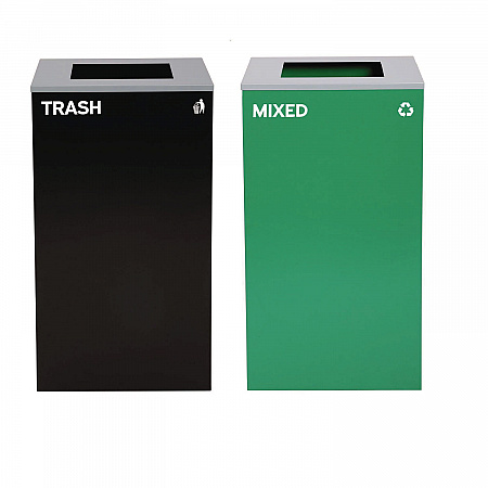 29 Gallon Trash/Recycling Cans, Steel, Green Mixed Recycling Can with Square Lid, Black Trash Can with Square Lid (4450BLKKIT10)