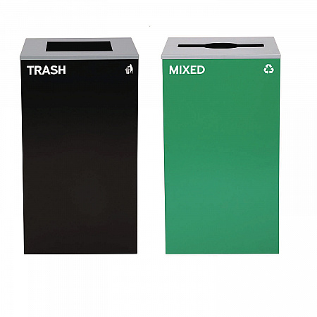 29 Gallon Trash/Recycling Cans, Steel, Green Mixed Recycling Can with Mixed Lid, Black Trash Can with Square Lid (4450BLKKIT11)