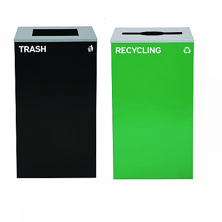 29 Gallon Trash/Recycling Cans, Steel, Green Recycling Can with Mixed Lid, Black Trash Can with Square Lid (4450BLKKIT12)