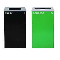 29 Gallon Trash/Recycling Cans, Steel, Green Compost Can with Mixed Lid, Black Trash Can with Square Lid (4450BLKKIT13)