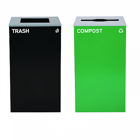 29 Gallon Trash/Recycling Cans, Steel, Green Compost Can with Mixed Lid, Black Trash Can with Square Lid (4450BLKKIT13)